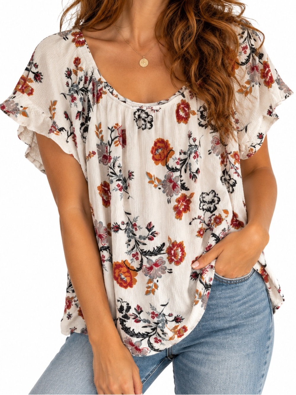 Knox Rose Cream Fall Floral Scoop Neck Ruffle Sleeve Top